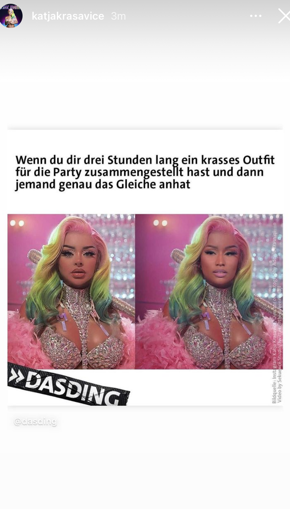 Katja Krasavice postete in ihrer Story einen Zusammenschnitt von beiden Bildern, wo deutlich wird, dass das ihr Körper ist.