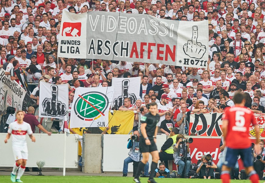 VFB Stuttgart - FC Bayern Munich Soccer, Stuttgart, September 01, 2018 Fans demonstration against video referee , DFB, VFB STUTTGART - FC BAYERN MUNICH 0-3 - DFL REGULATIONS PROHIBIT ANY USE OF PHOTOG ...