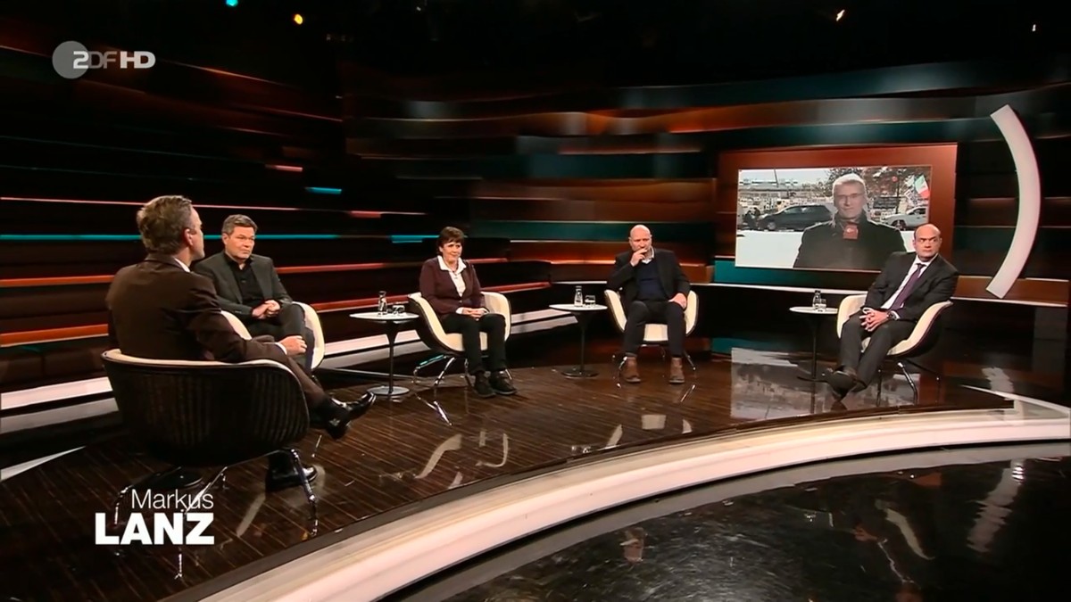 Zu Gast bei "Markus Lanz" (v.l.n.r.): Robert Habeck, Dr. Ute Teichert, Olaf Sundermeyer, (zugeschaltet aus Washington) Elmar Theveßen und Robin Alexander.