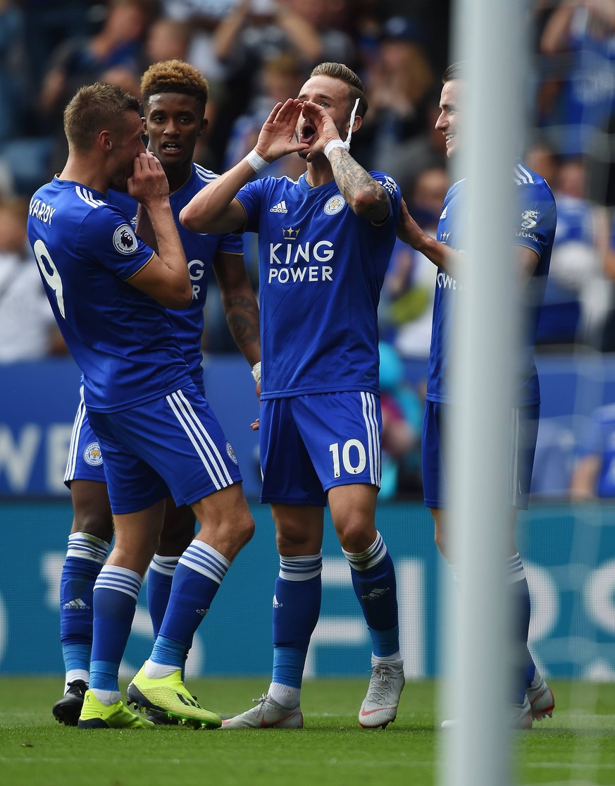 James Maddison of Leicester City Celebrates scoring his goal to make it 2-0 with team mate James Maddison of Leicester City during the Premier League match at King Power Stadium, Leicester. Picture da ...