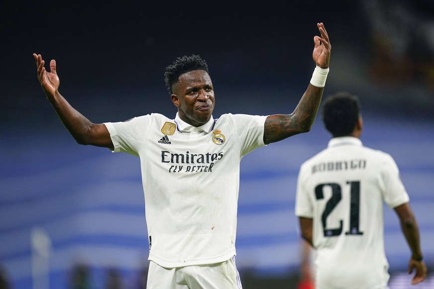 ESP: Real Madrid - Manchester City. UEFA Champions League Vinicius Jr of Real Madrid celebrates after scoring goal during the La Liga match between Real Madrid and Manchester City played at Santiago B ...