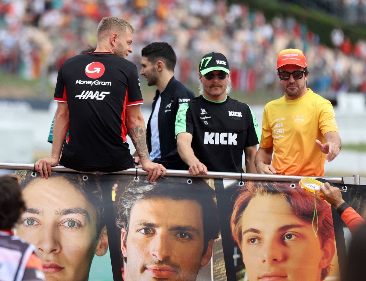 June 23, 2024, Sabadell, Barcelona, Spain: Montmelo Spain June 23, 2024 Fernando Alonso 14 ESP Aston Martin and Valtteri Bottas 77 FIN Kick Sauber look during race at the Formula 1 Aramaco Spain Grand ...
