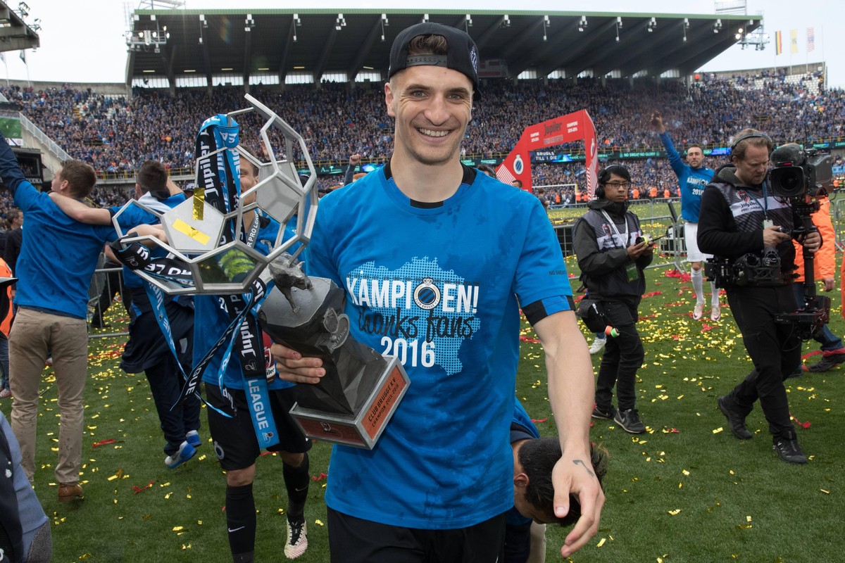 Club s Thomas Meunier celebrates after the Jupiler Pro League match between Club Brugge and RSC Anderlecht, in Brugge, Sunday 15 May 2016, on day 8 of the Play-off 1 of the Belgian soccer championship ...