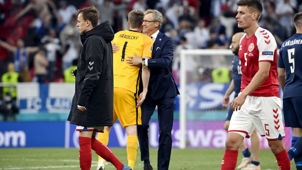 Team of Finland celebrates after winning Denmark 1-0 during UEFA Euro 2020 football tournament group B match Finland vs. Denmark at the Parken Stadium in Copenhagen, Denmark, on Saturday June 12, 2021 ...