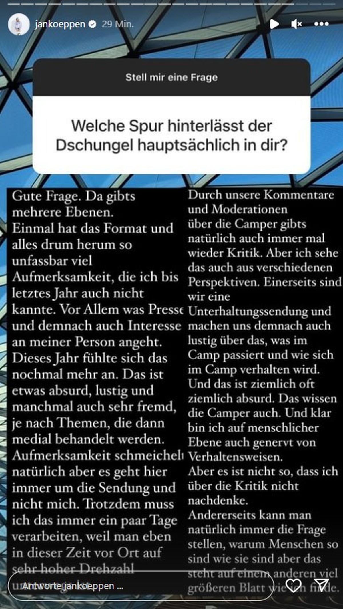 Jan Köppen äußert sich wortreich zum Dschungelcamp.