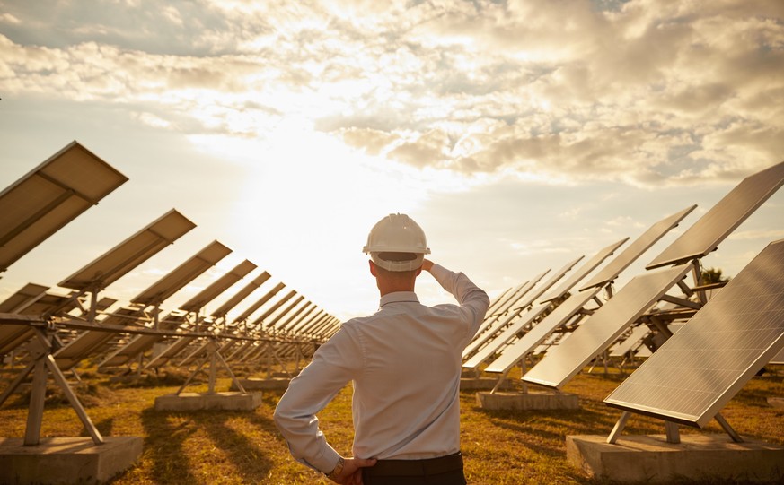 Back view of anonymous man in hardhat touching head and looking at modern photovoltaic panels and cloudy sundown sky during work on solar power station