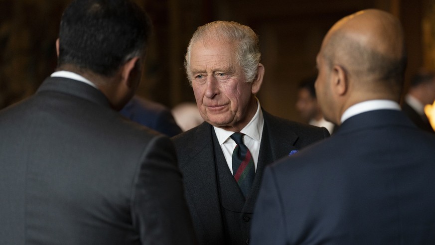 DUNFERMLINE, SCOTLAND - OCTOBER 03: King Charles III hosts a reception to celebrate British South Asian communities, in the Great Gallery at the Palace of Holyroodhouse on October 3, 2022 in Dunfermli ...