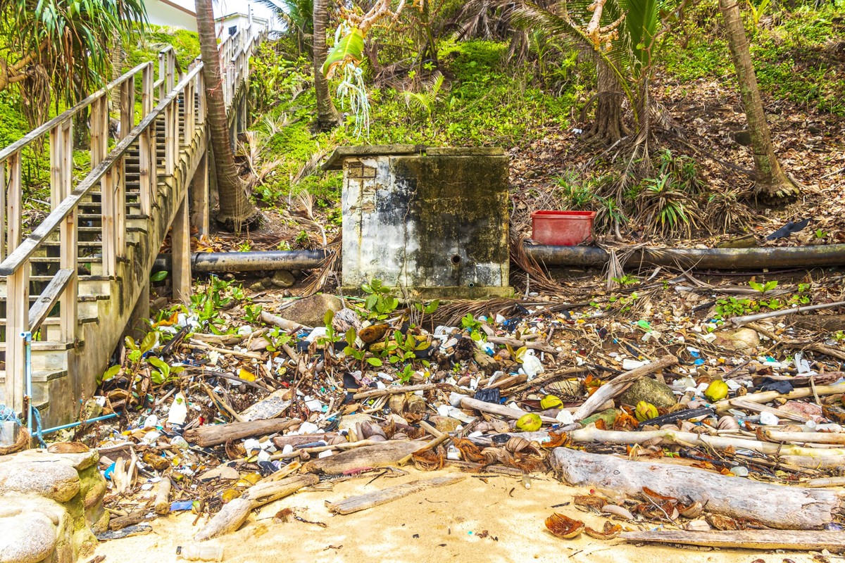 Garbage Dirt Plastic Poison Litter and Pollution on the Beach in Naithon Beach Sakhu Thalang on Phuket island Thailand in Southeastasia Asia. xkwx shore, tropical, toxic, ecological, waste, garbage, t ...