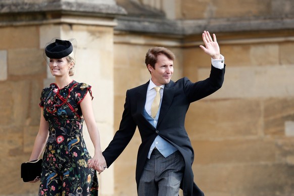 British singer-songwriter James Blunt (R) arrives with his wife Sofia Wellesley (L) to attend the wedding of Britain's Princess Eugenie of York to Jack Brooksbank at St George's Chapel, Windsor Castle ...