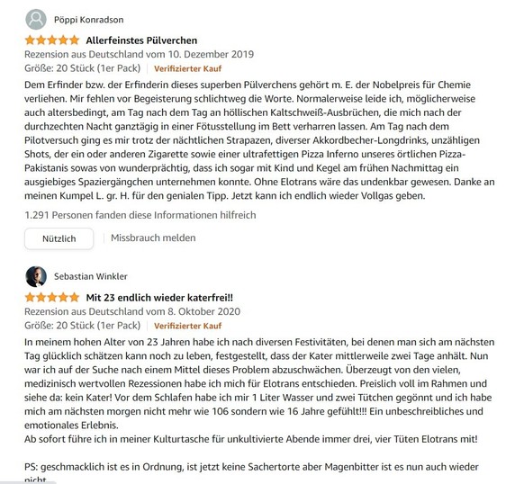 Some Amazon reviews of Elotrans.