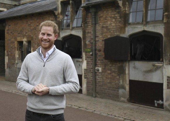 Britain&#039;s Prince Harry speaks at Windsor Castle, Windsor, England, Monday May 6, 2019, after his wife Meghan, the Duchess of Sussex gave birth to a baby boy. It is the first child for Harry and M ...
