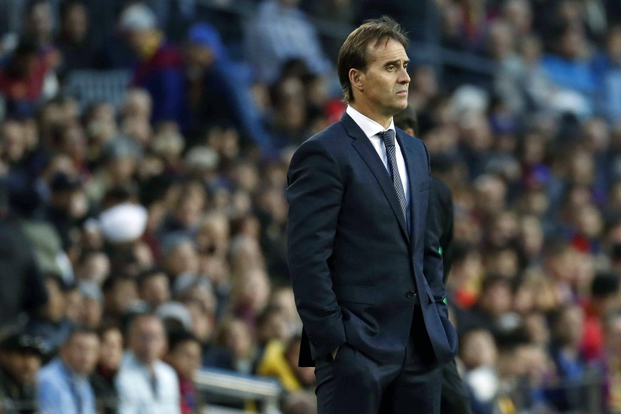 Real Madrid s head coach Julen Lopetegui reacts during a Spanish LaLiga soccer match between FC Barcelona Barca and Real Madrid at the Camp Nou stadium in Barcelona, north eastern Spain, 28 October 20 ...
