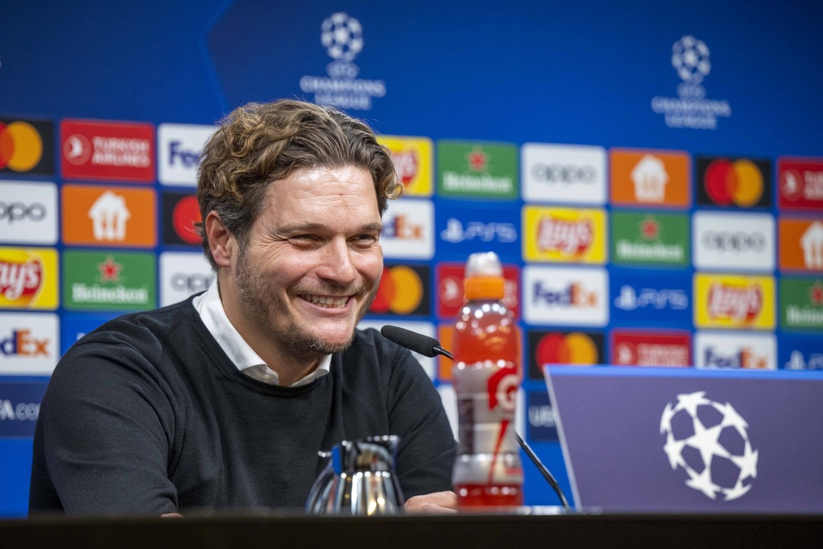 Fu�ball: Champions League. 6. Spieltag: Borussia Dortmund - Paris St. Germain am 13.12.2023 im Signal-Iduna-Park: Dortmunds Trainer Edin Terzic spricht zu den Journalisten. WICHTIGER HINWEIS: Gem�� de ...