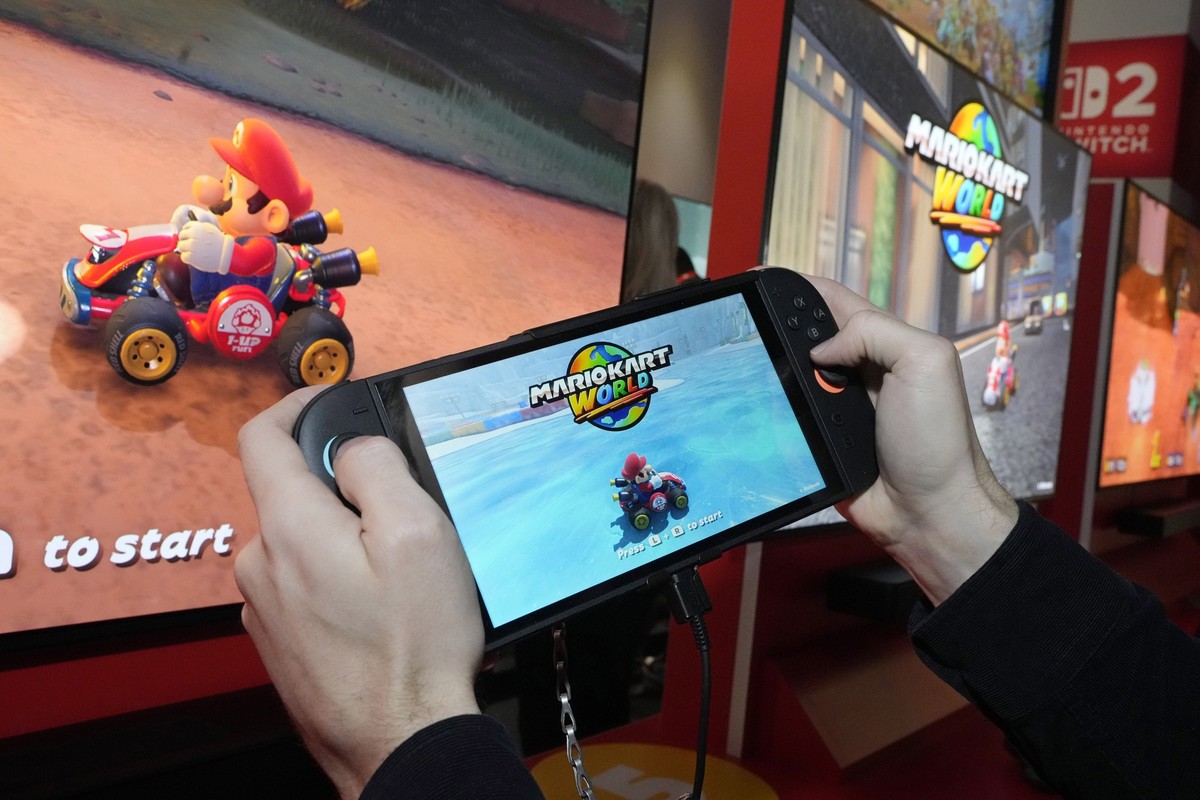 The Nintendo Switch 2 is demonstrated during a media event, in New York, Wednesday, April 2, 2025. (AP Photo/Richard Drew)