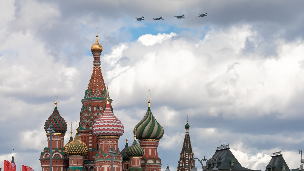 May 7, 2021, Moscow, Russia. MiG-31 fighter fly over Red Square in preparation and rehearsal for the May 9 parade., May 7, 2021, Moscow, Russia. MiG-31-Soviet and Russian two-seat supersonic high-alti ...