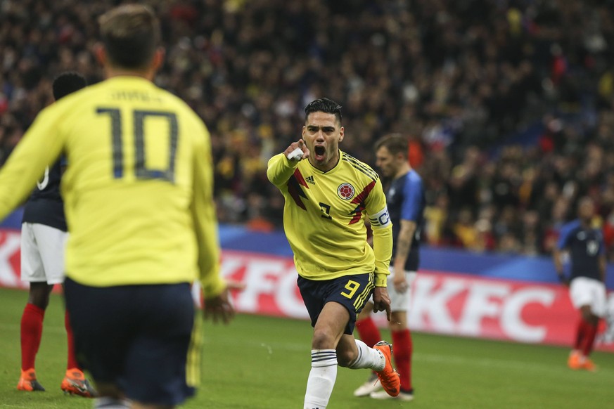 Radamel Falcao; goal; and James Rodriguez, during the friendly football match between France and Colombia at the Stade de France, in Saint-Denis, on the outskirts of Paris, on March 23, 2018. FOOTBALL ...