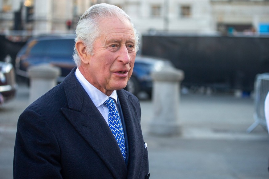 February 14, 2023, London, England, United Kingdom: King CHARLES III visits The Syria House, a temporary Syrian community tent in Trafalgar Square, central London, where members of the Syrian communit ...