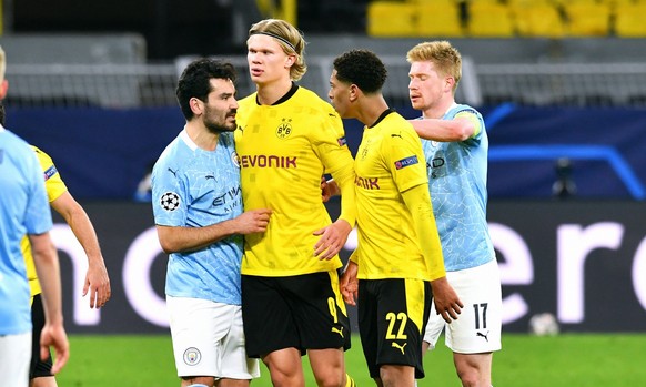 İlkay Gündoğan (Mitte) und Erling Haaland im Viertelfinale der Champions League 2020/2021.