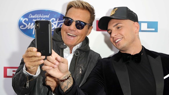 COLOGNE, GERMANY - APRIL 27: Jurors Dieter Bohlen and Pietro Lombardi take a selfie as they attend the season 16 finals of the tv competition show &quot;Deutschland sucht den Superstar&quot; (DSDS) at ...