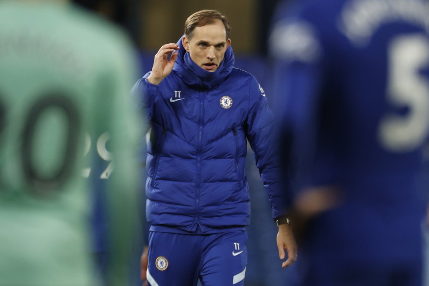 Chelsea's head coach Thomas Tuchel reacts at the end of the English Premier League soccer match between Chelsea and Everton at the Stamford Bridge stadium in London, Monday, March 8, 2021. (John Sible ...