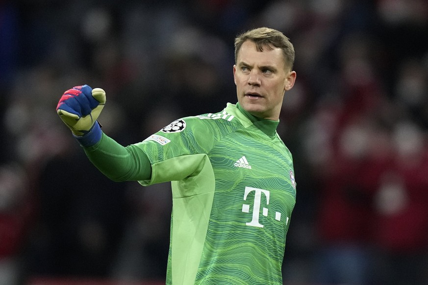 FILE - Bayern goalkeeper Manuel Neuer reacts during the Champions League, round of 16, second leg soccer match between Bayern and Salzburg in Munich, Germany, on March 8, 2022. Neuer has undergone an  ...