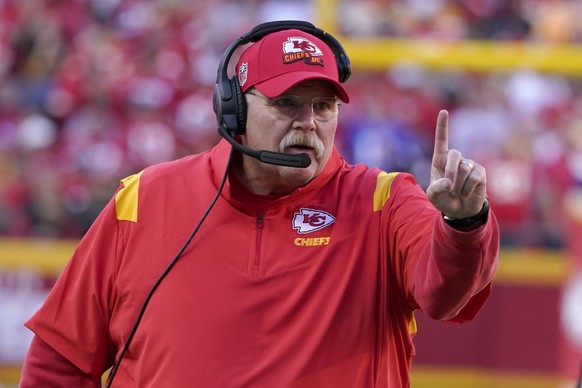 Kansas City Chiefs head coach Andy Reid watches from the sidelines during the first half of an NFL football game against the Buffalo Bills Sunday, Oct. 16, 2022, in Kansas City, Mo. (AP Photo/Ed Zurga ...
