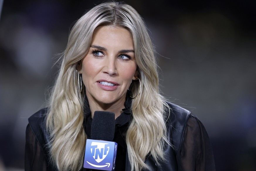 FILE - Amazon Prime Thursday Night football commentator Charissa Thompson speaks before an NFL football game between the New Orleans Saints and the Jacksonville Jaguars, Oct. 8, 2019. 19, 2023, in New Orleans.  ...