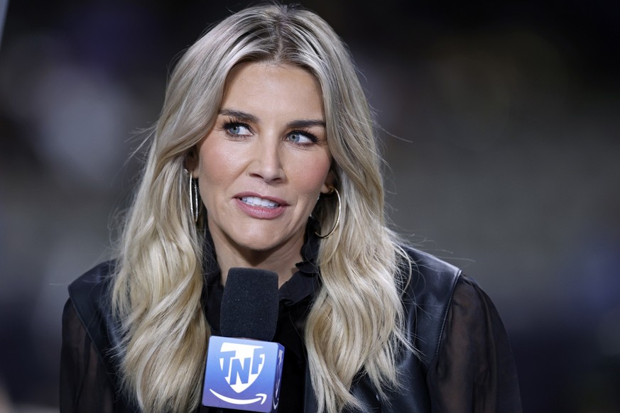 FILE - Amazon Prime Thursday Night Football commentator Charissa Thompson speaks before an NFL football game between the New Orleans Saints and the Jacksonville Jaguars, Oct. 19, 2023, in New Orleans. ...