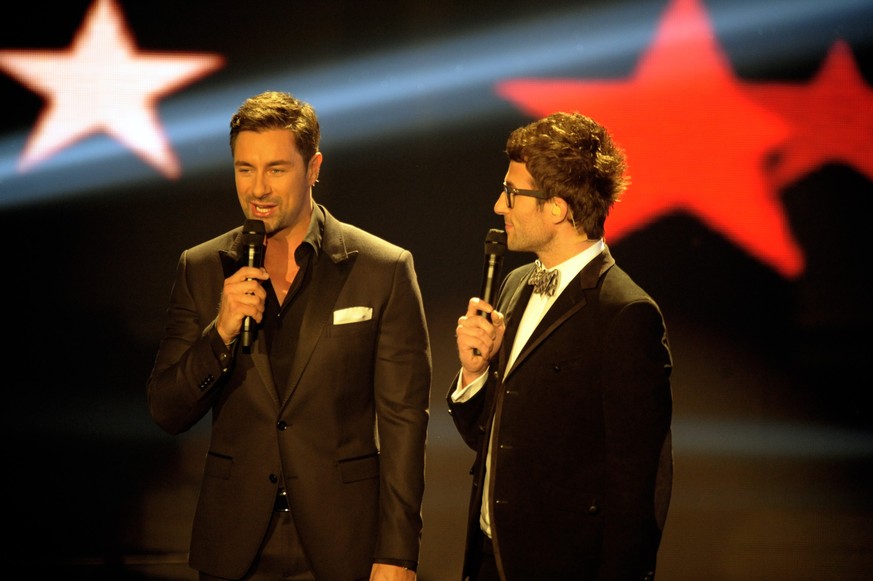 COLOGNE, GERMANY - DECEMBER 17: Hosts Marco Schreyl and Daniel Hartwich (L-R) during the Final of &#039;Das Supertalent&#039; TV Show on December 17, 2011 in Cologne, Germany. (Photo by Peter Wafzig/G ...