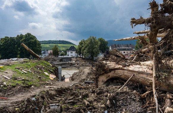 BAD NEUENAHR-AHRWEILER, GERMANY - AUGUST 04: Destroyed bridge pictured during ongoing cleanup efforts in the Ahr Valley region following catastrophic flash floods on August 04, 2021 in Bad Neuenahr-Ah ...