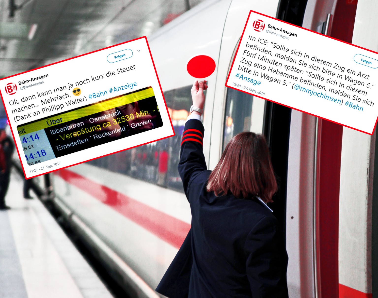 Frankfurt, Germany - January 23, 2011: A high peed train of type ICE from Deutsche Bahn halts at Frankfurt Airport Station as passengers board the train. A female conductor signals the train driver up ...