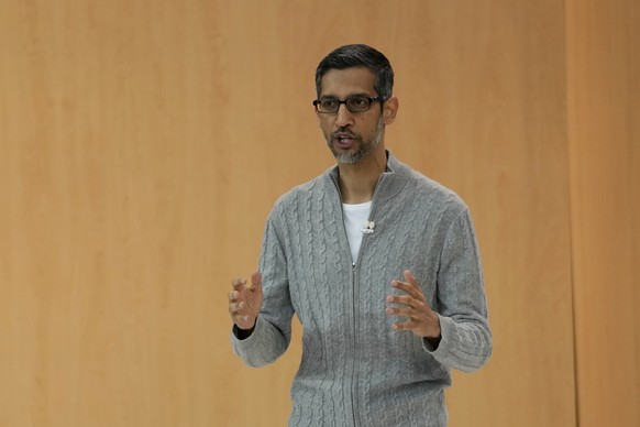 Alphabet CEO Sundar Pichai speaks at a Google I/O event in Mountain View, Calif., Wednesday, May 10, 2023. (AP Photo/Jeff Chiu)
