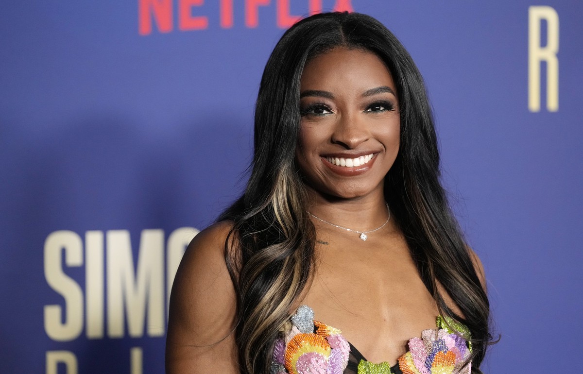 U.S. Olympic gymnast Simone Biles poses at the premiere of the Netflix documentary series &quot;Simone Biles Rising: Part 2,&quot; Wednesday, Oct. 23, 2024, at the Egyptian Theatre in Los Angeles. (AP ...