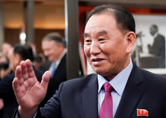 Vice Chairman of the North Korean Workers&#039; Party Committee Kim Yong Chol, North Korea&#039;s lead negotiator in nuclear diplomacy with the United States, waves as he meets with U.S. Secretary of  ...