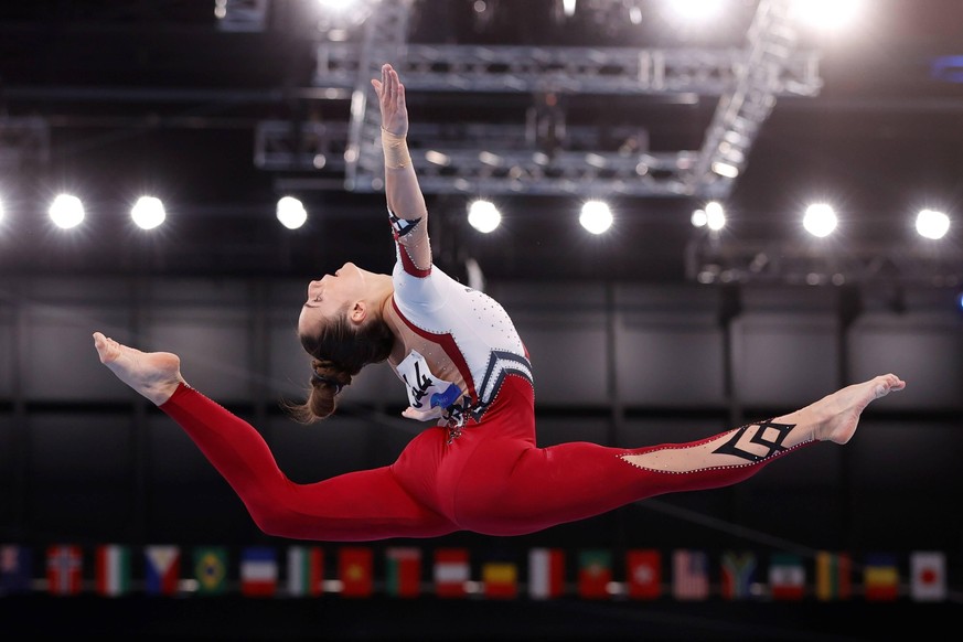 A German athlete with full-body suit against the sexualization of women in the competes in the Artistic Women s Balance Beam during the Tokyo 2020 Olympic Games, Olympische Spiele, Olympia, OS held at ...