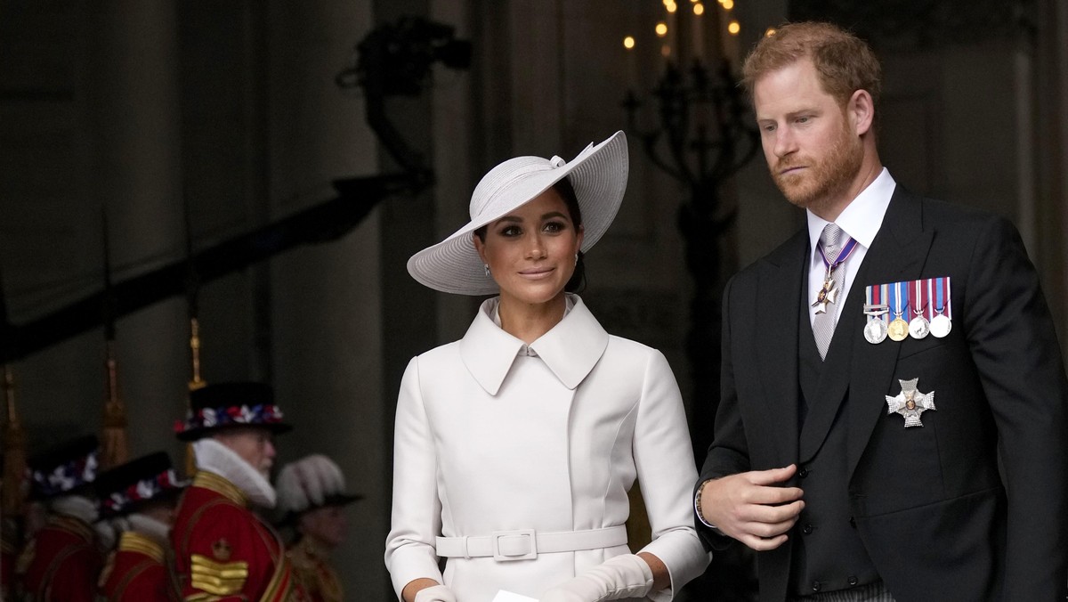 Prince Harry and Meghan Markle, Duke and Duchess of Sussex leave after a service of thanksgiving for the reign of Queen Elizabeth II at St Paul's Cathedral in London, Friday, June 3, 2022 on the ...