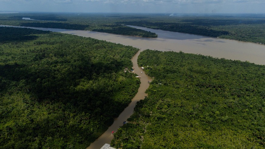 07.08.2023, Brasilien, Belem: Blick auf den Fluss Guama und den Amazonas-Regenwald. Menschen leben an den Ufern in Holzhütten, die unter dem Namen «Palafitas» bekannt sind, und leben vom Verkauf der F ...