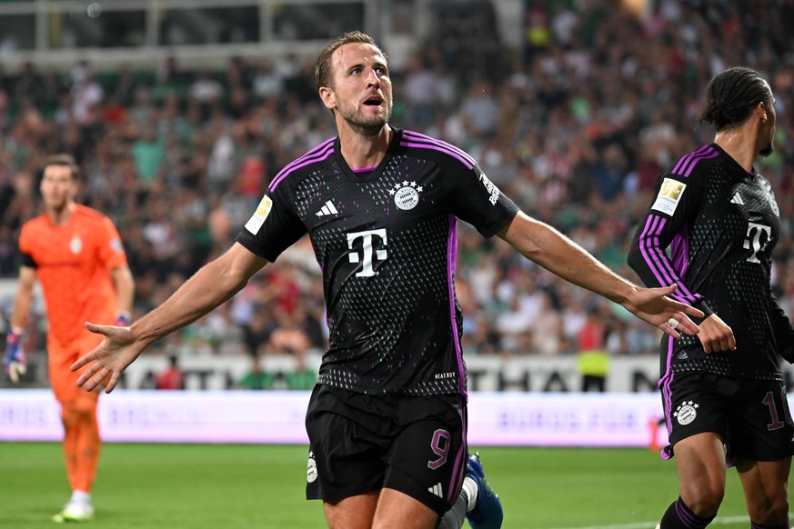 230819 -- BREMEN, Aug. 19, 2023 -- Harry Kane of FC Bayern Munich celebrates scoring during the first division of bundesliga 1st round match between SV Werder Bremen and FC Bayern Munich in Bremen, Ge ...