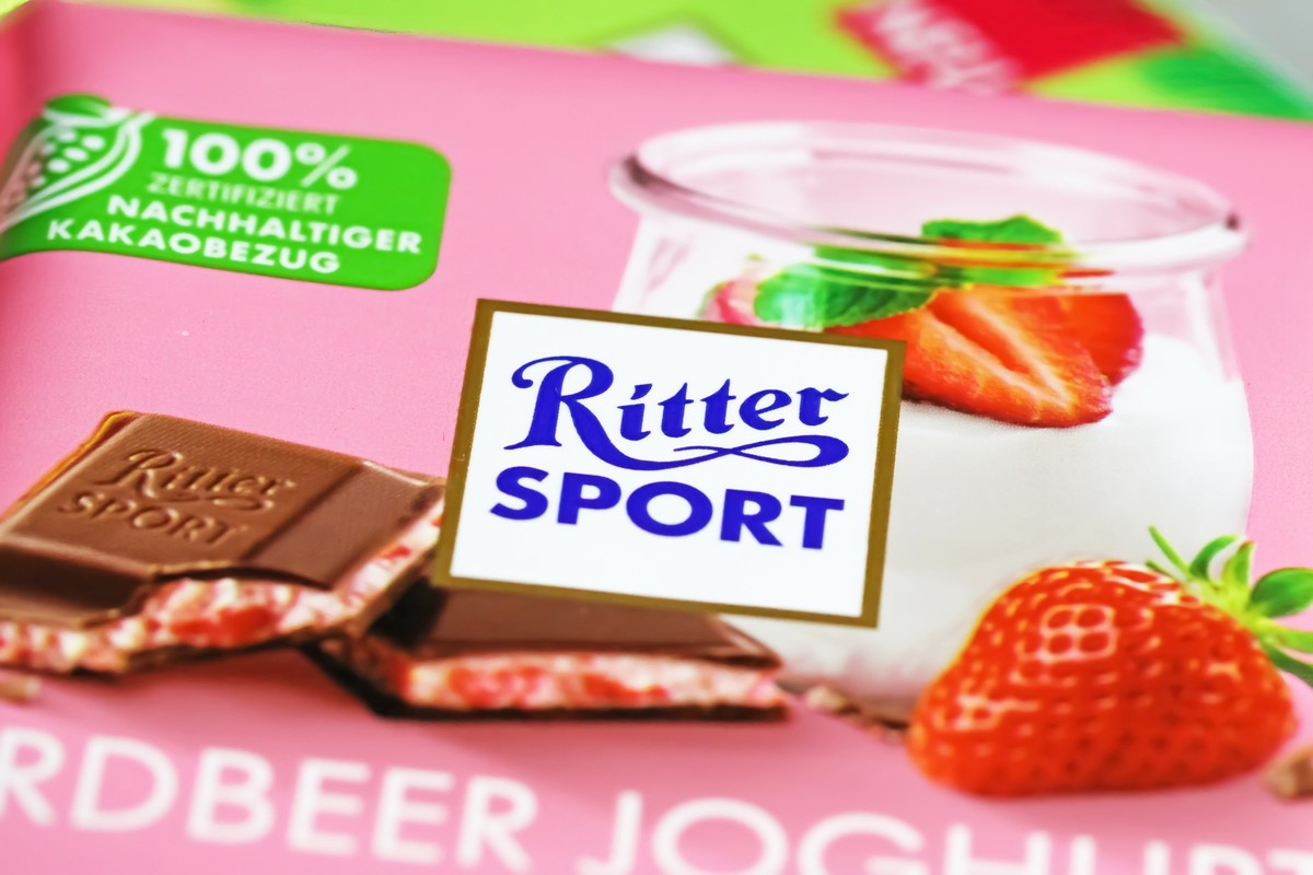 Viersen, Germany - May 9. 2023: Closeup of Ritter Sport strawberry yoghurt chocolate bar