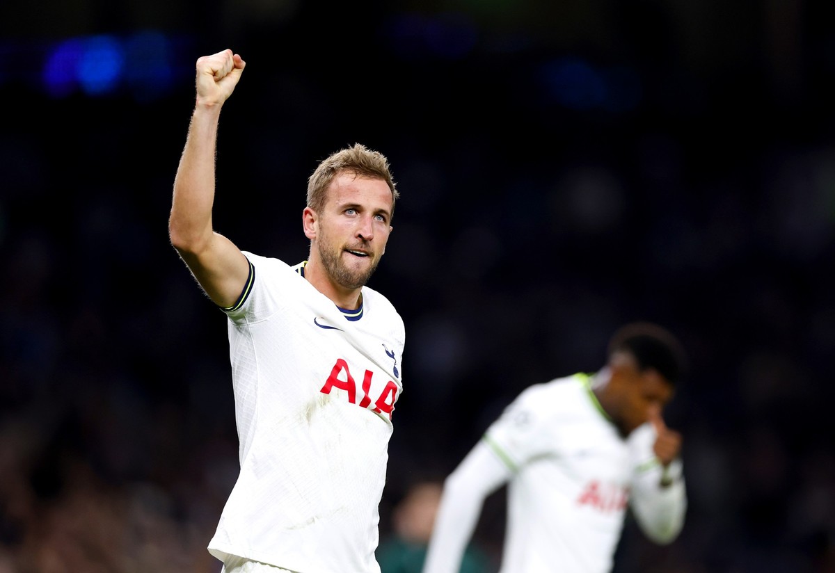 26.10.2022, Gro�britannien, London: Fu�ball: Champions League, Gruppenphase, Gruppe D, 5. Spieltag, Tottenham Hotspur - Sporting Lissabon. Harry Kane von Tottenham Hotspur jubelt �ber seinen Treffer, ...