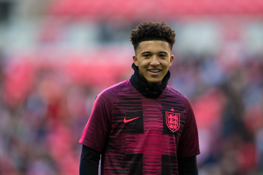 Jadon Sancho of England during the pre-match warm-up during the UEFA Nations League match at Wembley Stadium, London. Picture date: 18th November 2018. Picture credit should read: Craig Mercer/Sportim ...