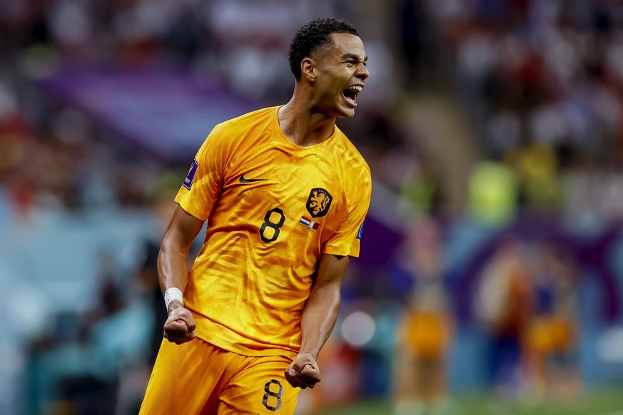 AL KHOR - Cody Gakpo of Holland celebrates the 1-0 against Qatar during the FIFA World Cup, WM, Weltmeisterschaft, Fussball Qatar 2022 group A match between Netherlands and Qatar at Al Bayt Stadium on ...