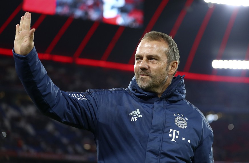 Bayern&#039;s head coach Hans Flick reacts before the German Bundesliga first devision soccer match between FC Bayern Munich and bayer Leverkusen 04 in Munich, Germany, Saturday, Nov. 30, 2019. (AP Ph ...