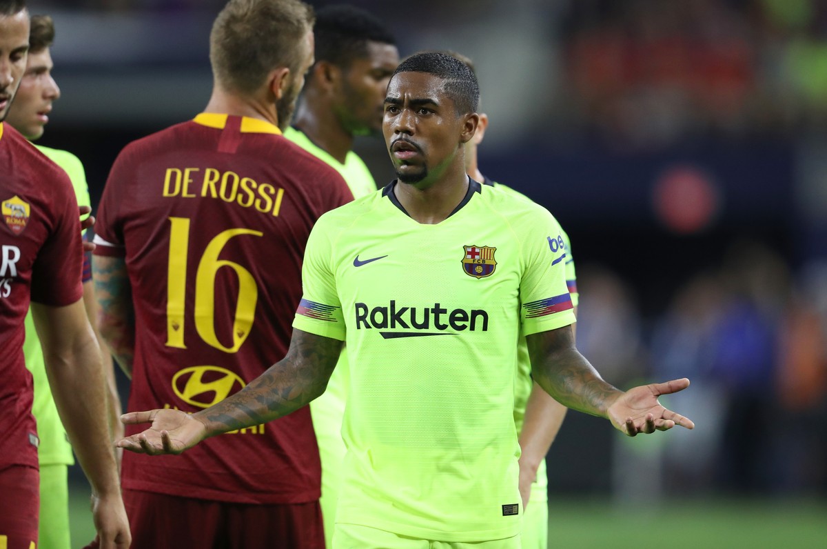 Jul 31, 2018; Dallas, TX, USA; FC Barcelona forward Malcom (26) argues a call in the first half against AS Roma during an International Champions Cup soccer match at AT&T Stadium. Mandatory Credit ...