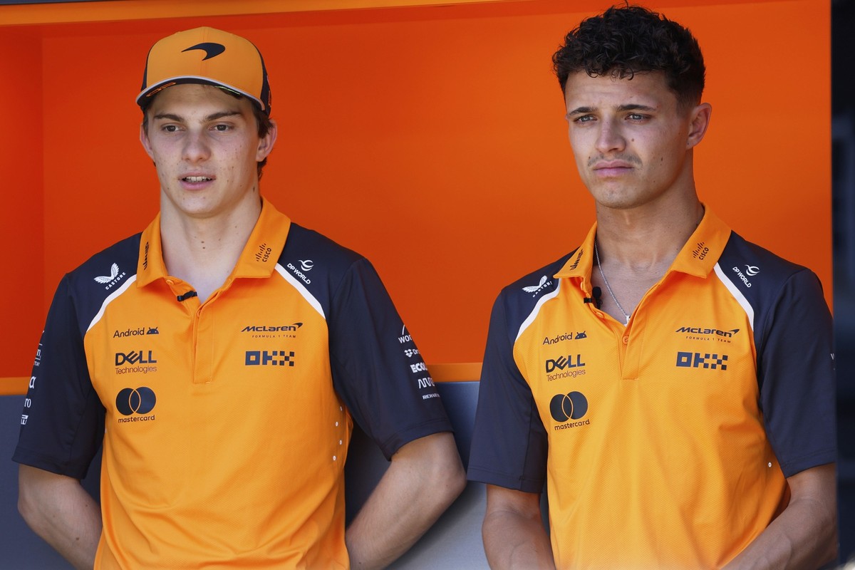 Oscar Piastri, of Australia, left, and Lando Norris, of United Kingdom, during a press conference at the Barcelona Catalunya racetrack in Montmelo, near Barcelona, Spain, Thursday May 29, 2025. The Sp ...