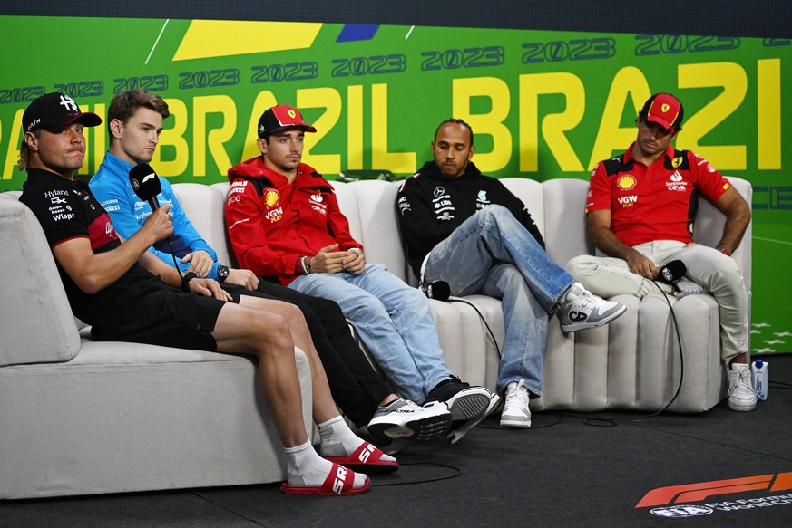 Formula 1 2023: Brazilian GP AUToDROMO JOSÃ CARLOS PACE, BRAZIL - NOVEMBER 02: Valtteri Bottas, Alfa Romeo F1 Team, Logan Sargeant, Williams Racing, Charles Leclerc, Scuderia Ferrari, Sir Lewis Hamilt ...