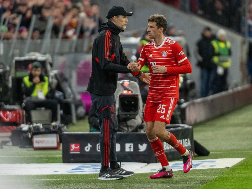 Thomas Tuchel FC Bayern Muenchen, Chef-Trainer, Thomas Mueller FC Bayern Muenchen, 25, GER, FC Bayern Muenchen FCB vs. Borussia Dortmund BVB, Fussball, Bundesliga, 26. Spieltag, Spielzeit 2022/2023, 0 ...