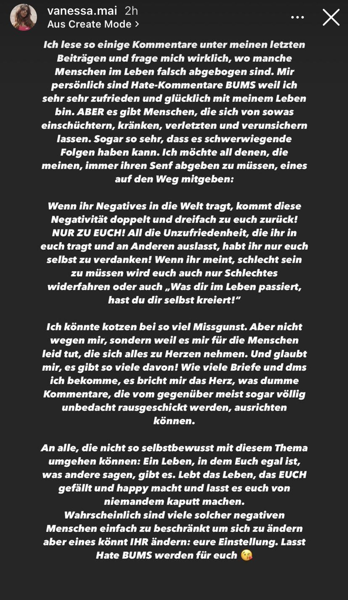 Diese lange Nachricht veröffentlichte Vanessa Mai in ihrer Instagram-Story.