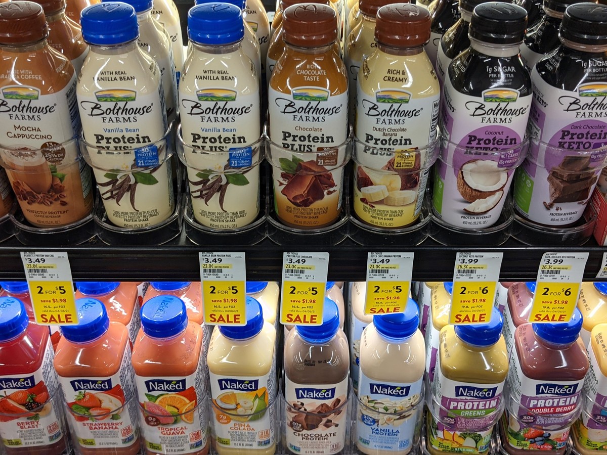 Greenwood, Indiana United States - April 06 2020: Various Protein Plus Drinks Available for Purchase Grocery