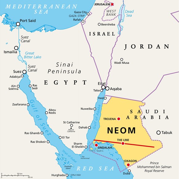 NEOM and the Sinai Peninsula, political map. Neom, a planned smart city in Tabuk Province in northwestern Saudi Arabia, north the Red Sea, east of Egypt, across the Gulf of Aqaba, and south of Jordan.
